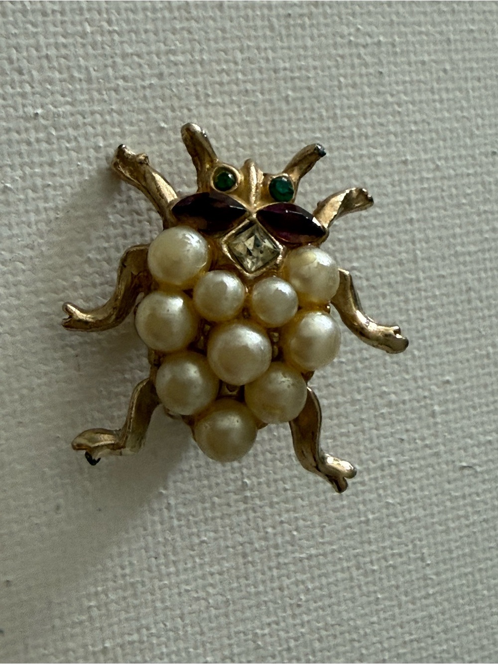Vintage Trifari Inspired Gold Pearl Beetle Brooch with Purple and Green Accents